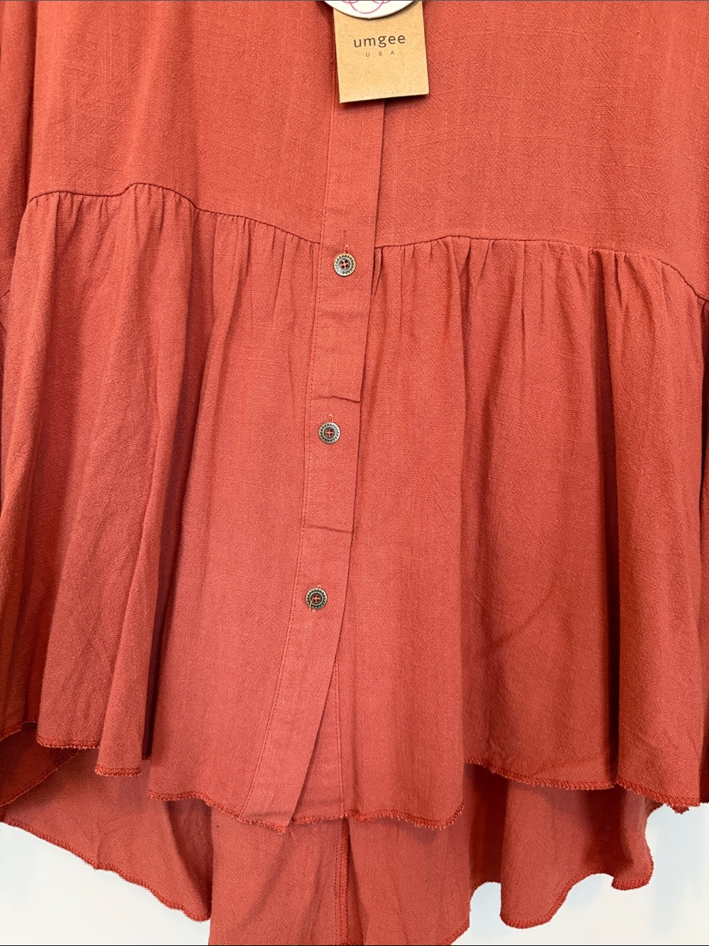 Umgee Terracotta Button-Front Peplum Shirt - Picture 5 of 13